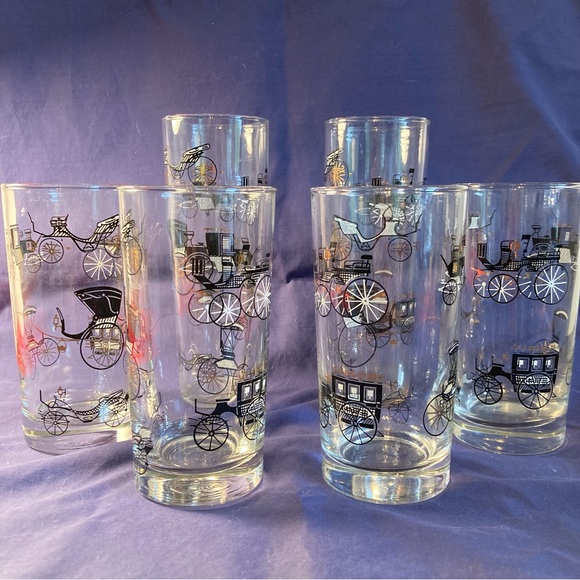 Set Of 6 Vintage Bar Glasses, Buggy, Horse Carriage, MCM Glassware, Barware - Picture 2 of 7